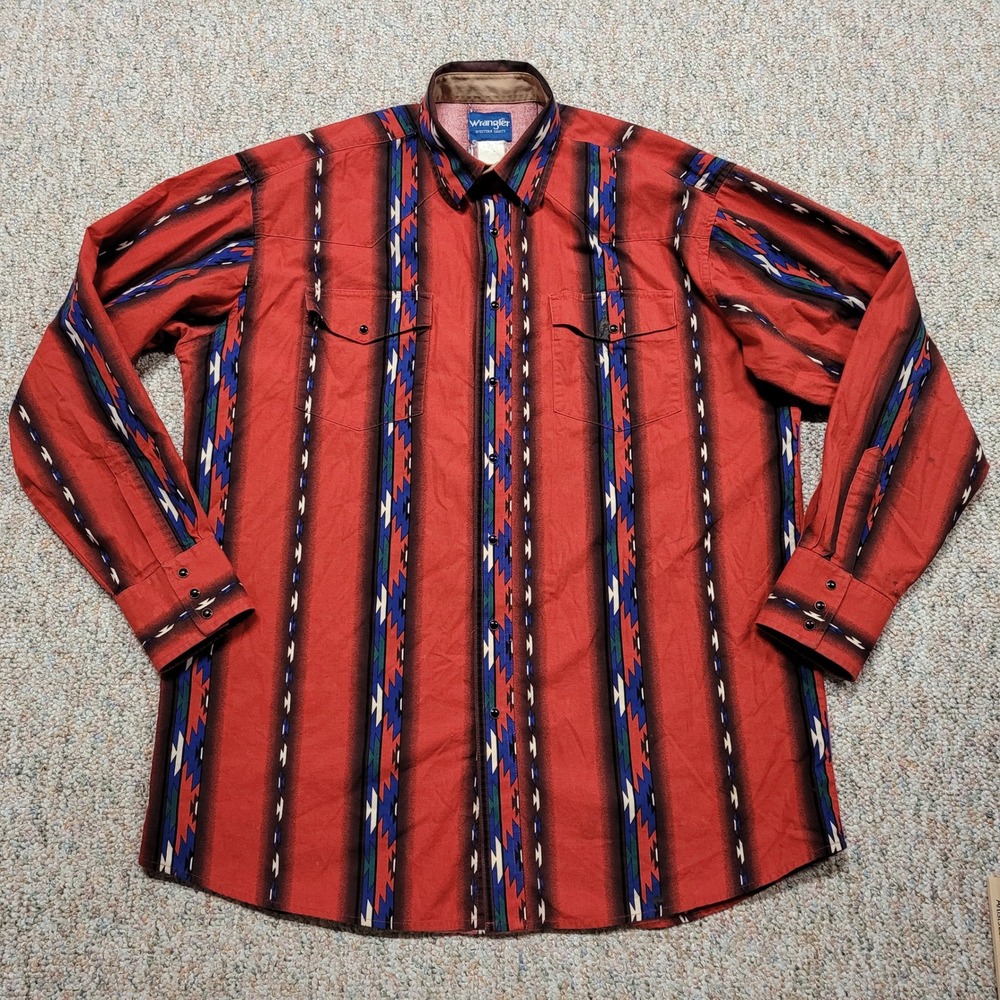 Wrangler Western Shirt Mens XL Red Aztec Southwestern Snap Front Outdoors Cowboy
